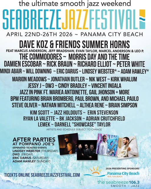 Seabreeze Jazz Festival 2026 Lineup - Panama City Beach - Panhandle Getaways Seabreeze Jazz Festival 2026 Lineup - Panama City Beach